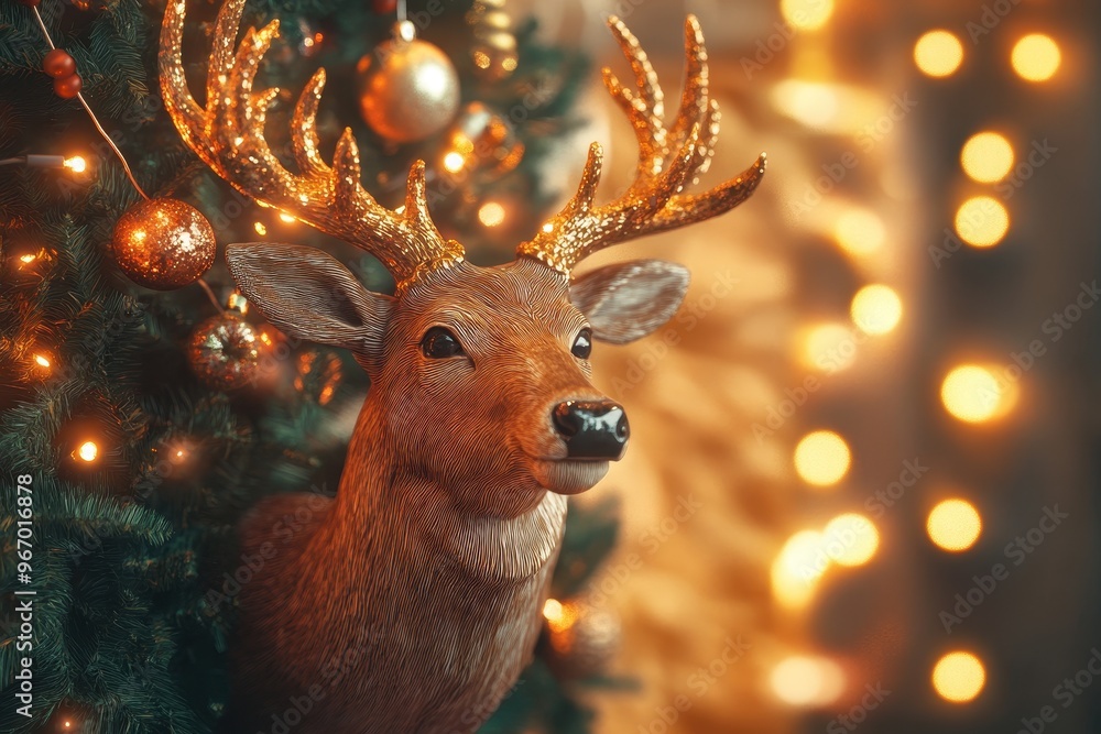 Poster a deer head is on a table in front of a background of lights
