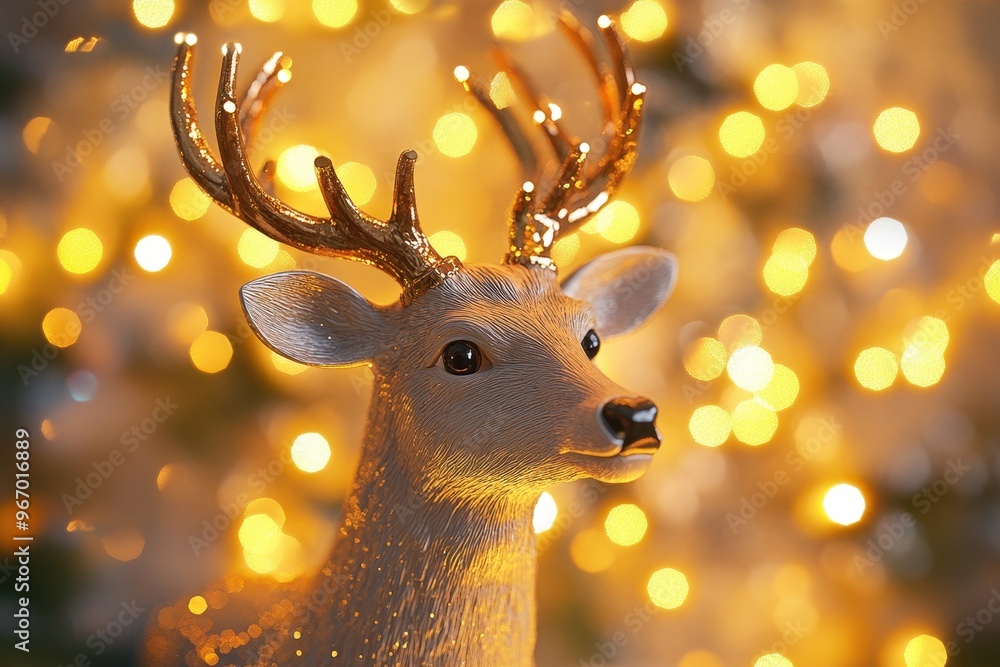 Poster a deer head is on a table in front of a background of lights