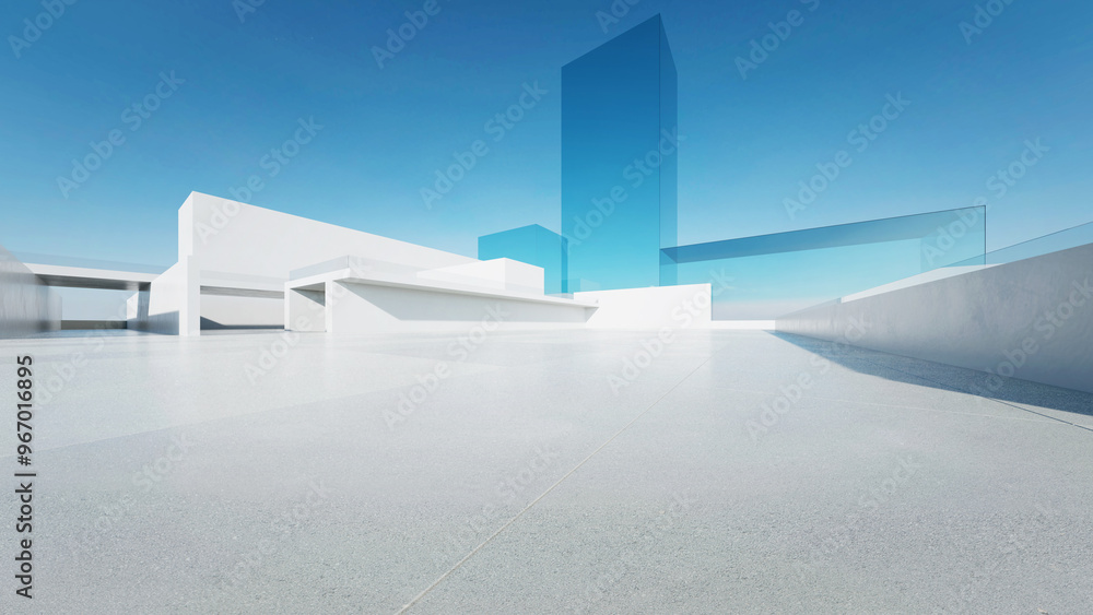 Poster 3d render of abstract modern architecture with empty concrete floor, minimal white exterior, car presentation background