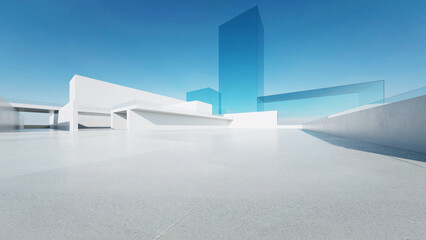 3d render of abstract modern architecture with empty concrete floor, minimal white exterior, car presentation background