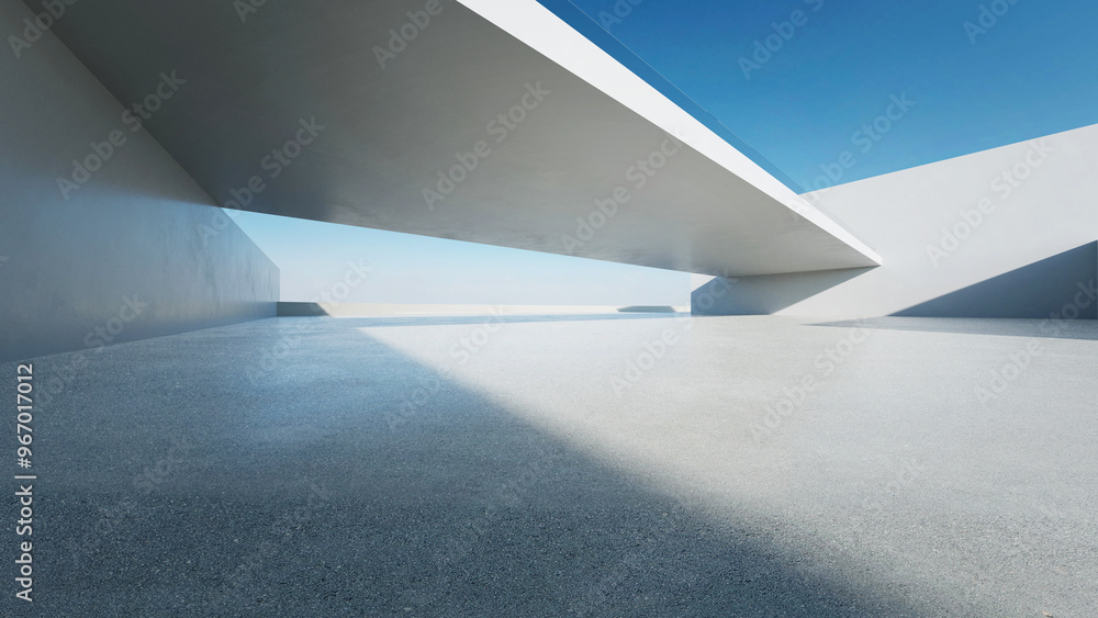 Poster 3d render of abstract modern architecture with empty concrete floor, minimal white exterior, car pre