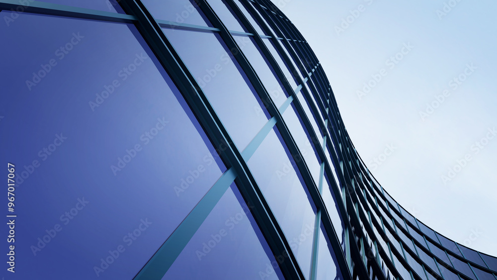 Poster 3d rendering of modern architecture, skyscraper glass office building with curve glass window