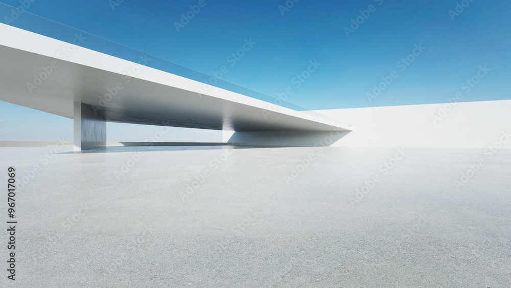 Poster 3d render of abstract modern architecture with empty concrete floor, minimal white exterior, car pre