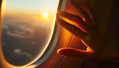 Glimmers of Sunset: A Female's Hand Opening an Airplane Window