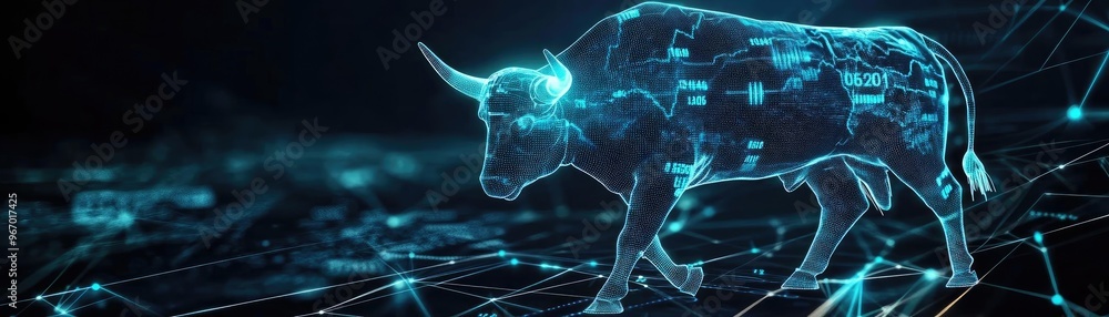 Poster a digital representation of a bull, showcasing the fusion of technology and nature in a futuristic d