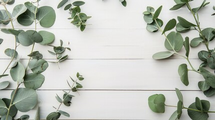 Frame border of eucalyptus branches isolated on white wood background. lie flat, top view