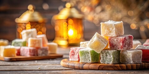 Traditional Turkish delight dessert displayed on a kitchen table from a low angle view