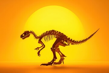 A dinosaur skeleton is standing in a desert with a sun in the background