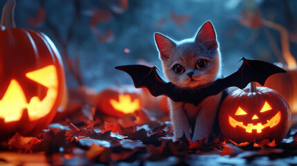A cute kitten dressed as bat sits among glowing pumpkins, creating spooky Halloween atmosphere. scene is filled with autumn leaves and magical glow