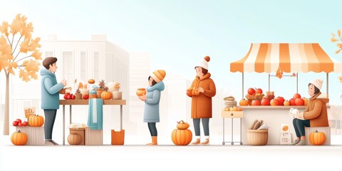 Obraz premium Flat design illustration of a fall harvest festival, with stalls selling pumpkins, apples, and handmade crafts, and people in warm clothing enjoying the autumn weather.