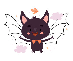 Cute autumn bat.Horror, fear, celebration, Halloween. Cartoon flat vector illustration