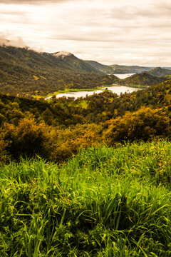 Lush valley landscape with vibrant green foliage and lake views