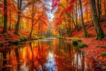 Obraz premium Tranquil autumn forest scene with red and orange leaves beside a stream, ideal for nature prints and posters