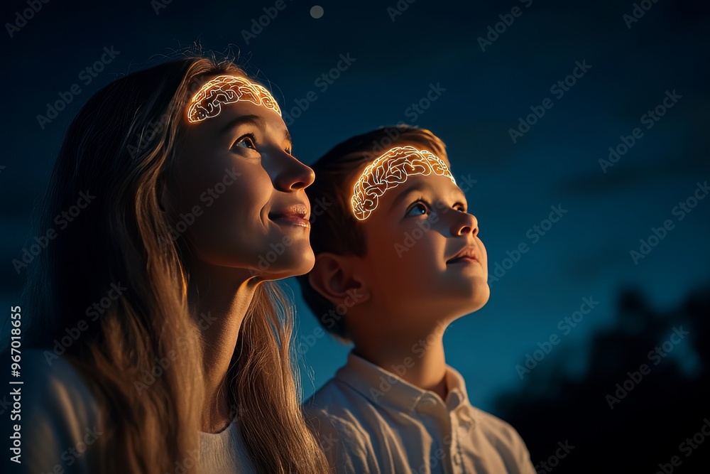 Aufkleber innovation relationship and communication mother and son looking at the stars with neural overlays s
