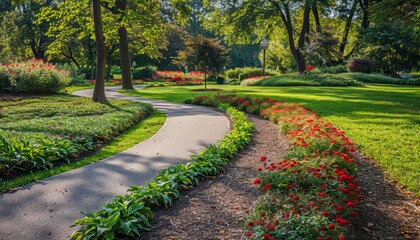 Obraz premium Blooming Beauty: Exploring the Flower-Filled Footpath in a Public Park