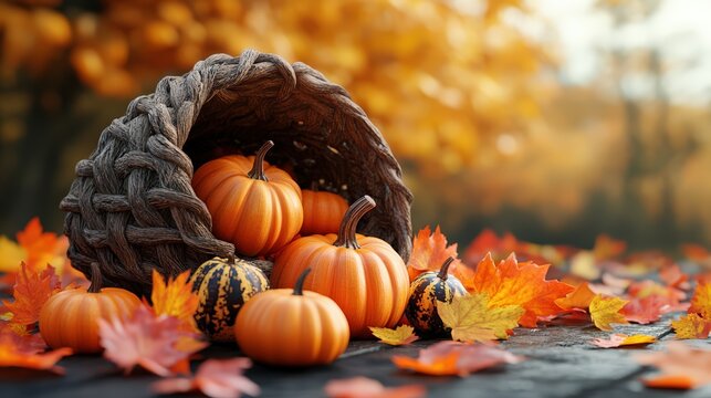 Autumn scene with a cornucopia filled with small pumpkins and scattered fall leaves, symbolizing harvest and thanksgiving.
