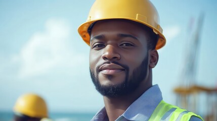 Confident construction worker wearing a hard hat and reflective vest at a sunny job site, embodying professionalism and safety.