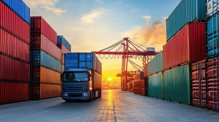 Semi-trailer truck transporting cargo containers at a port