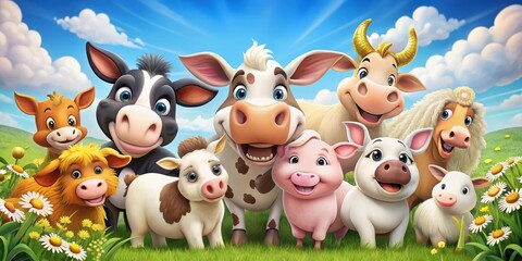 Naklejka premium Cheerful cartoon farm animals lined up with elegance, their bright faces radiating pure delight as they looked forward