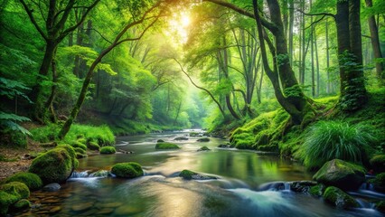Fototapeta premium Tranquil forest stream in lush foliage with serene atmosphere