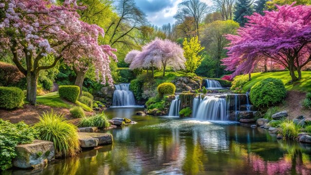 Tranquil garden scene with blooming trees, waterfalls, river