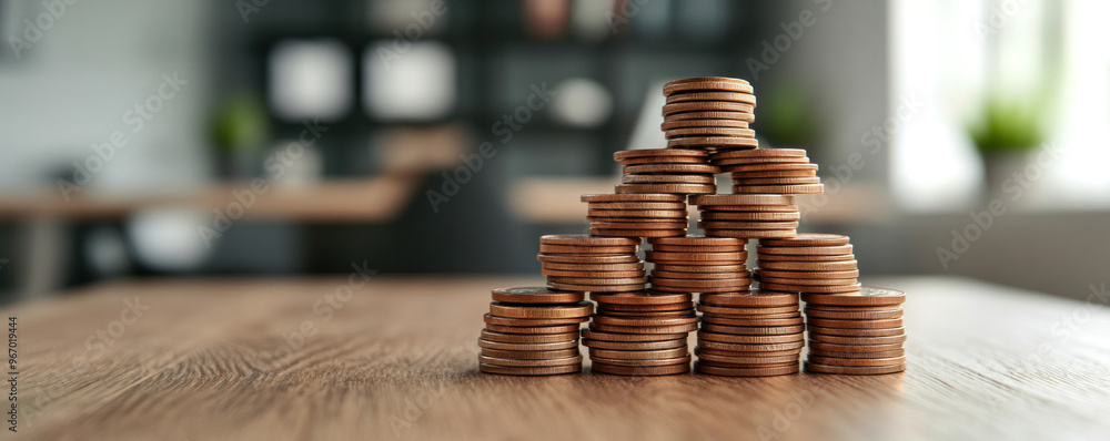Poster a stack of coins on a table. the coins are piled on top of each other, creating a pyramid shape. con