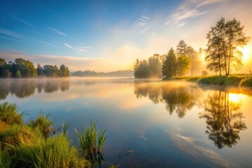 Obraz premium Tranquil lake area in the morning with mist and sun glow fading