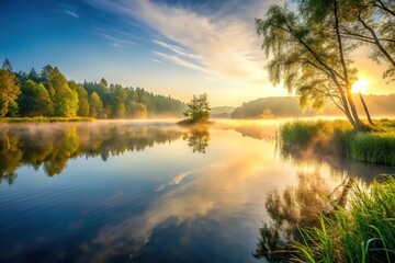 Obraz premium Tranquil lake scene with misty morning glow