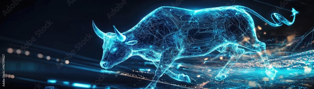 Poster a glowing digital bull racing through a futuristic environment, symbolizing power and innovation in 