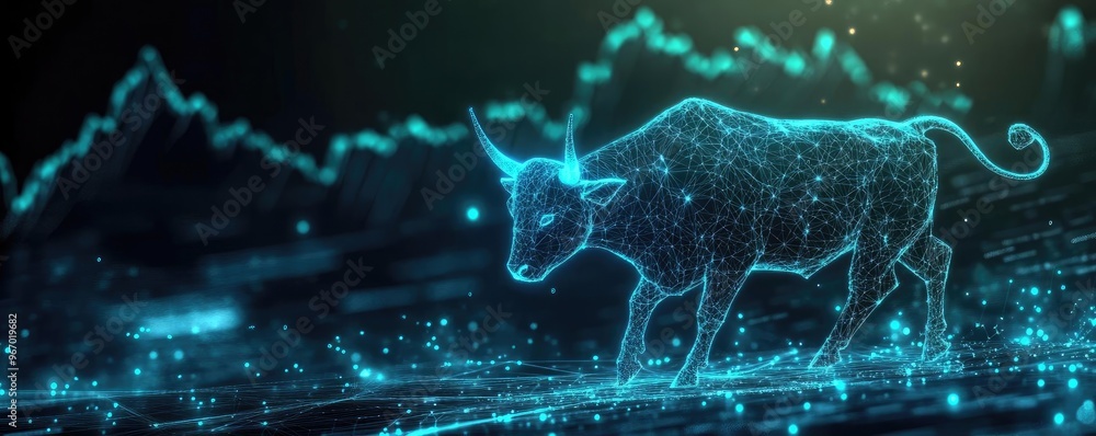 Poster a digital bull representing market strength, surrounded by glowing data trends and abstract graphs i
