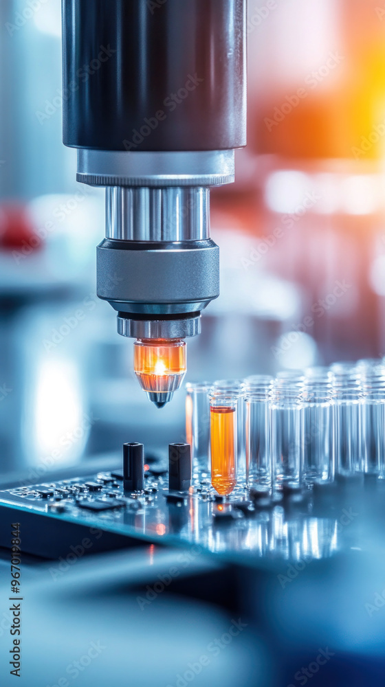 Poster a microscope is focused on a small object. the object is glowing orange. the scene is set in a labor