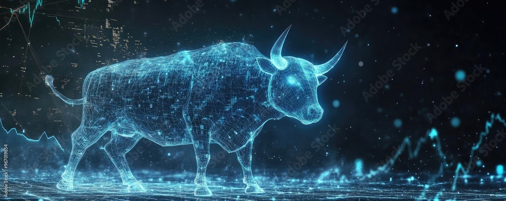 Poster A digital representation of a bull showcasing modern technology and data visualization in a futuristic setting.