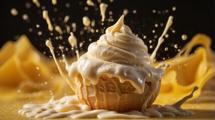Vanilla ice cream cone splashing in milk on a yellow background.