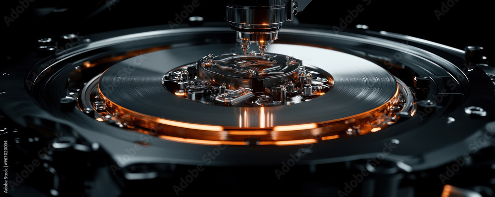 Poster a close up of a machine with a large, glowing disk. the machine is surrounded by a dark background, 