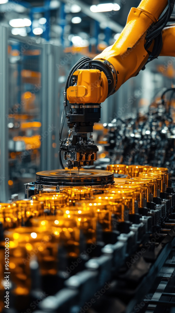 Poster a robot is working on a conveyor belt with many bottles on it. the robot is orange and has a mechani