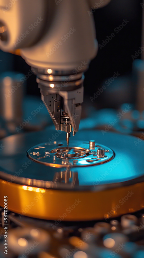 Poster a machine is working on a small object, possibly a watch. the machine is surrounded by other machine