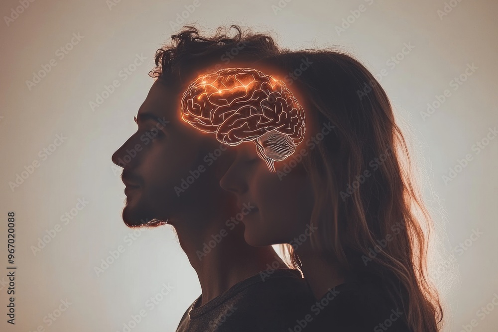 Aufkleber support collaboration and connection romantic couple with glowing brains facing each other symbolizi