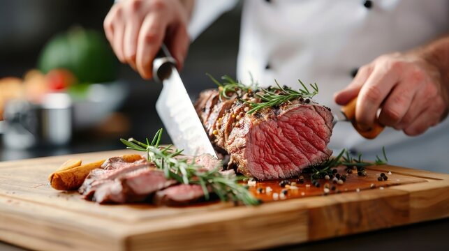 A chef expertly carving a juicy roast beef at a carving station.