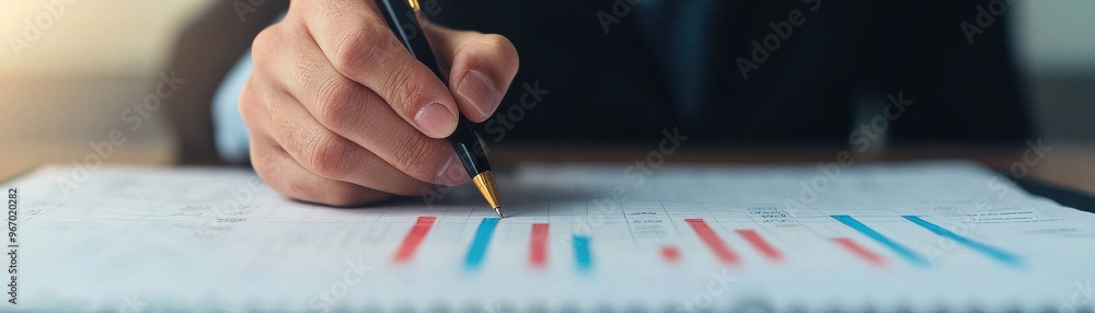 Poster a business professional analyzing graphs and charts with a pen, focused on data-driven decision-maki