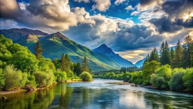 Tranquil mountain scenery with serene river lush trees and picturesque clouds in natural landscape Low Angle