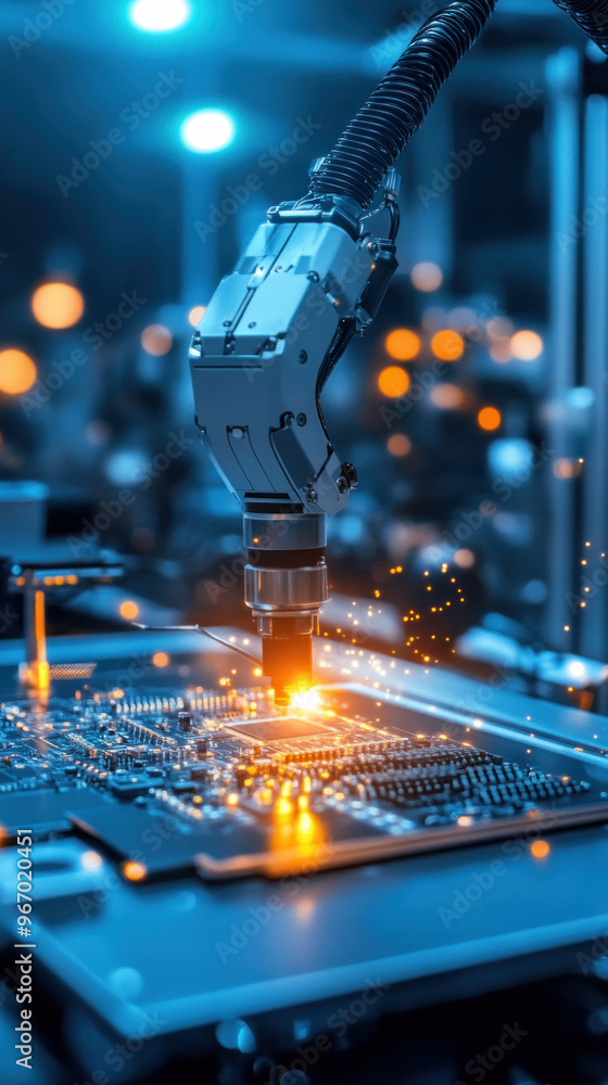 Poster a robot is working on a piece of electronic equipment. the robot is surrounded by sparks and the ima