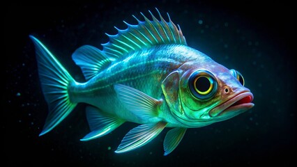 Fototapeta premium Deep-sea fish radiates an ethereal glow, lighting up the dark abyssal depths.
