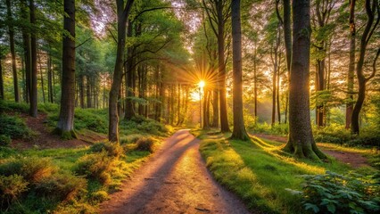 Tranquil path through forest at sunset on the island of Bornholm in Denmark