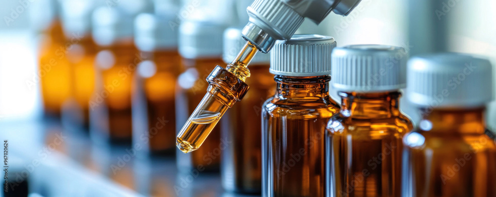 Poster a bottle of liquid is being poured into a bottle. the bottles are lined up in a row