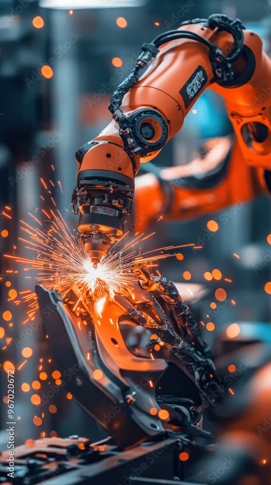 Poster a robot is working on a car, and the sparks from the welding process are creating a fiery atmosphere