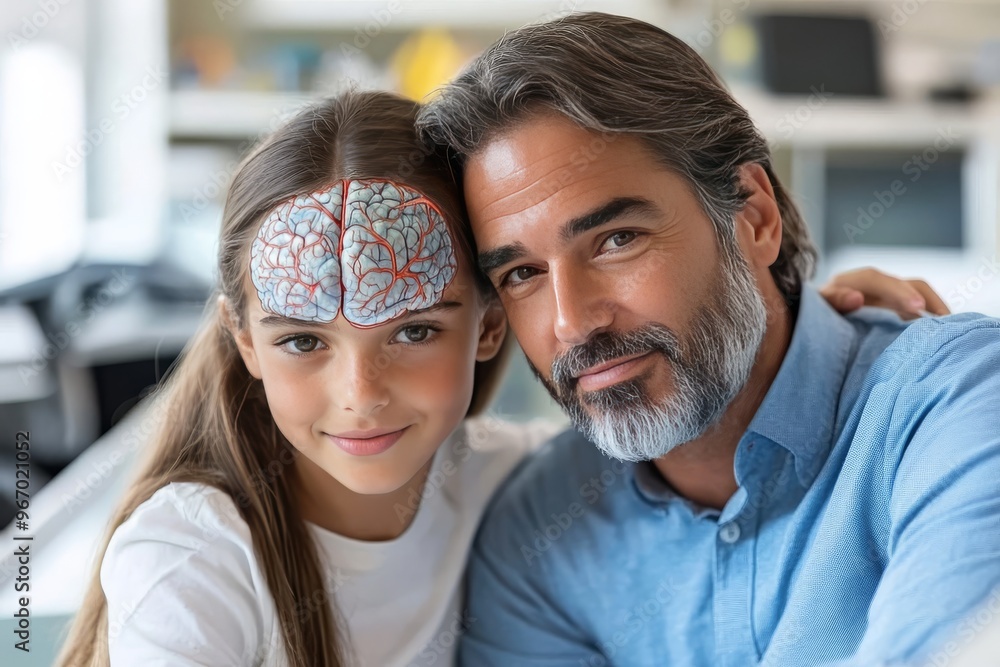 Poster Engagement thought and thought father and daughter with visible brain patterns symbolizing generational knowledge transfer and emotional bonding