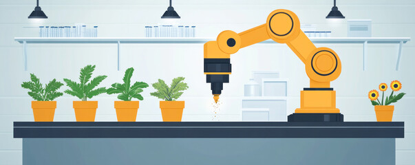 A robot is working on a plant in a lab. The robot is orange and has a black head. The plant is surrounded by several potted plants, including one that is close to the robot. The lab is clean