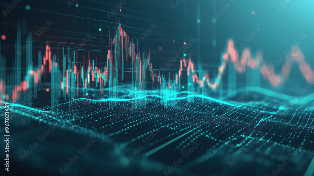 Poster a graph of stock market data is shown in a blue and red color scheme. the graph is filled with lines