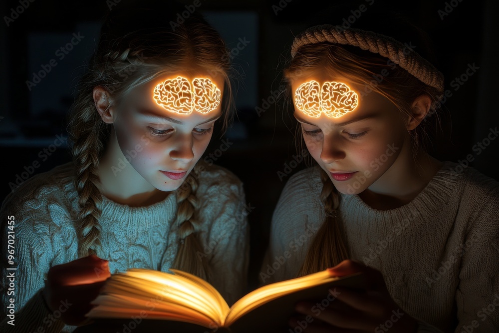 Poster energy attachment and communication two girls reading a book with glowing neural heads symbolizing l