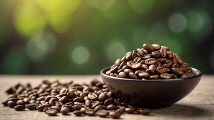 Fototapeta premium Bowl of roasted coffee beans with nature background.